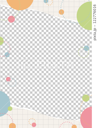 破れた方眼用紙と円形オブジェクトのフレーム、ポップなデザイン、縦向き 122776016