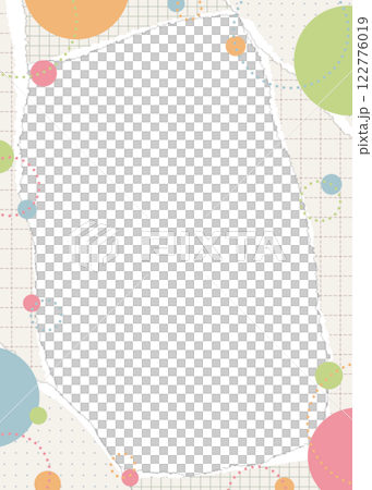 破れた方眼用紙と円形オブジェクトのフレーム、ポップなデザイン、縦向き 破れた方眼用紙と円形オブジェクトのフレーム、ポップなデザイン、縦向き 122776019