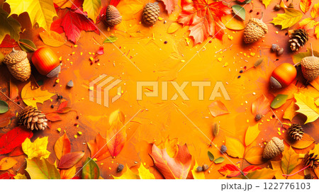 Vibrant autumn leaves and acorns border on warm orange background Vibrant autumn leaves and acorns border on warm orange background 122776103