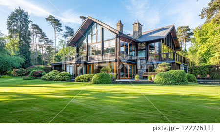 Modern luxury home with glass facade surrounded by lush green garden. Country house in eco-friendly place 122776111