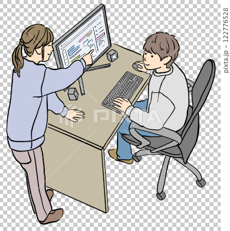 一名男子和一名女子在電腦上工作的插圖 122776528
