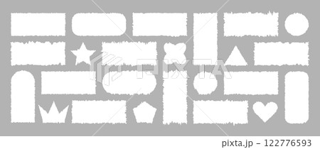 Set of Jagged Rectangle shapes. Tattered frame or text box with jagged edges. Textured grunge element bundle for collage, banner, sticker. Vector illustration isolated on gray background 122776593
