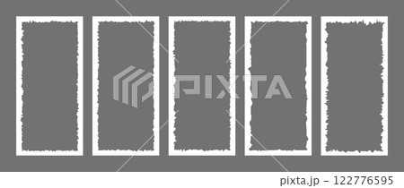 White rectangle form with jagged edges. Ripped and cutout paper torn strip. Set of Vertical Grunge Frames. Vector illustration isolated on gray background 122776595