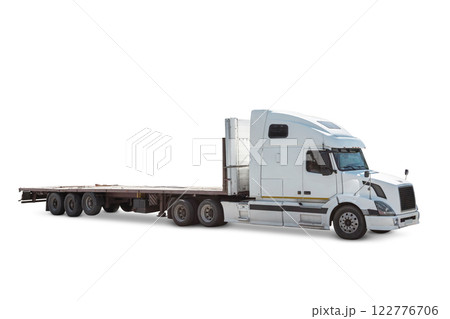 White long-distance bonnet truck with a semitrailer isolated on white background White long-distance bonnet truck with a semitrailer isolated on white background 122776706