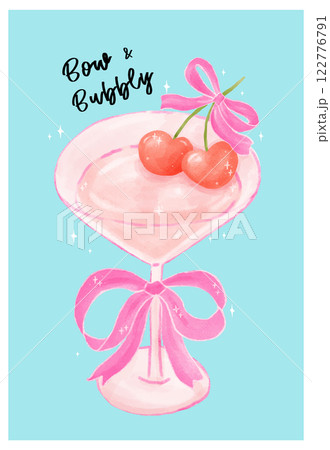 Coquette Cocktail Glass with Pink Bow and Heart Cherries Watercolor 122776791