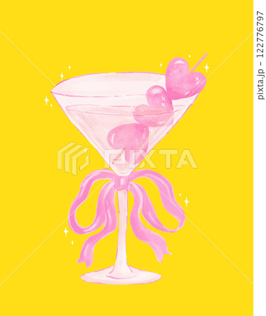 Coquette Pink Martini Glass with Pink Roibbon Bow and Heart Olives Watercolor 122776797