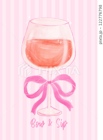 Coquette Red Wine Glass with Pink Ribbon Bow Watercolor 122776798