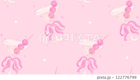 Seamless Pattern Coquette Disco Ball Martini Glass with Pink Ribbon Bow Watercolor isolated Seamless Pattern Coquette Disco Ball Martini Glass with Pink Ribbon Bow Watercolor isolated 122776799