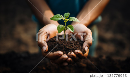 Hand holdig tree growing on green background. Eco earth day concept. 122776958