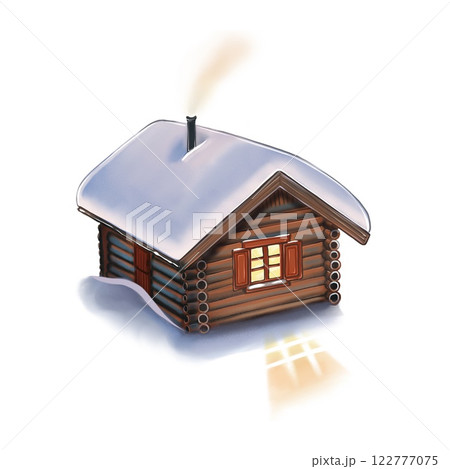 Watercolor Illustration of a Winter Wooden Cabin 122777075