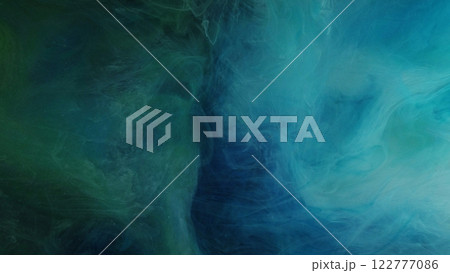 Fog water. Paint vapor. Defocused dark blue green color splashes ink texture haze shining smoke mist fume on abstract art light background. 122777086