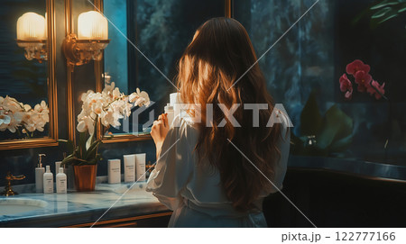 ヘアケア製品を使う長い髪の女性 122777166