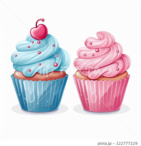 Deliciously Sweet Pink and Blue Frosted Cupcakes with Fresh Strawberries and Blueberries on Top Deliciously Sweet Pink and Blue Frosted Cupcakes with Fresh Strawberries and Blueberries on Top 122777229