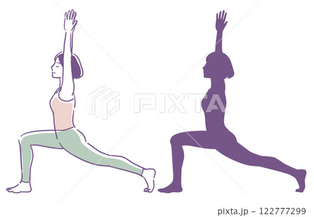 女性のヨガのポーズとそのシルエット。ベクターイラスト素材。 122777299