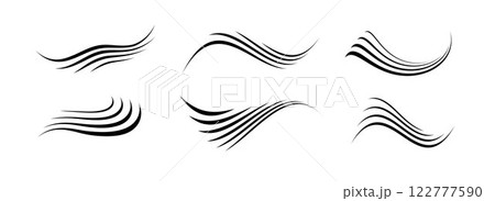 Flowing wind motion line set. Air wave shape collection. Blowing hurricane, breeze or storm lines concept. Black swirls, curves and spirals bundle. Air movement and gust symbol pack. Vector Flowing wind motion line set. Air wave shape collection. Blowing hurricane, breeze or storm lines concept. Black swirls, curves and spirals bundle. Air movement and gust symbol pack. Vector 122777590