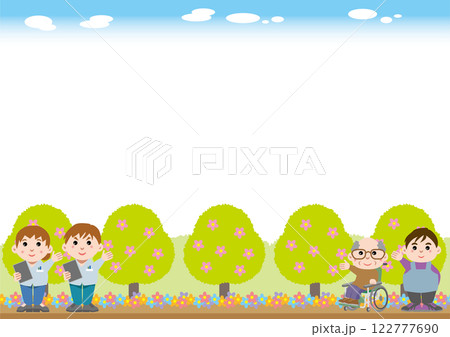 背景素材<要介護者・看護師・介護者のフレーム・こちらに注目してください・横位置> 背景素材<要介護者・看護師・介護者のフレーム・こちらに注目してください・横位置> 122777690