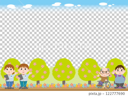 背景素材<要介護者・看護師・介護者のフレーム・こちらに注目してください・横位置> 背景素材<要介護者・看護師・介護者のフレーム・こちらに注目してください・横位置> 122777690