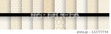 Geometric set of seamless golden and white patterns. Simple vector graphics Geometric set of seamless golden and white patterns. Simple vector graphics 122777734
