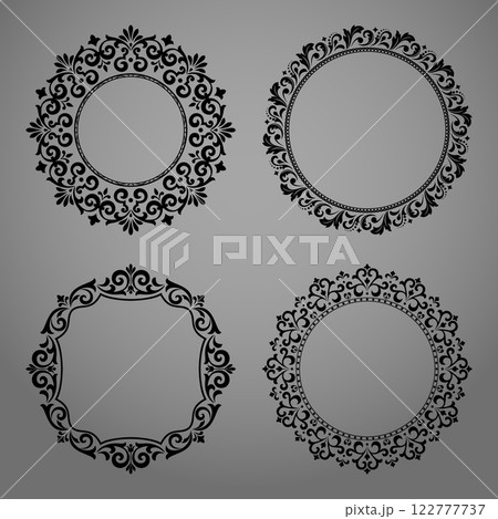 Set of decorative frames Elegant vector element for design in Eastern style, place for text. Floral black and gray borders. Lace illustration for invitations and greeting cards Set of decorative frames Elegant vector element for design in Eastern style, place for text. Floral black and gray borders. Lace illustration for invitations and greeting cards 122777737