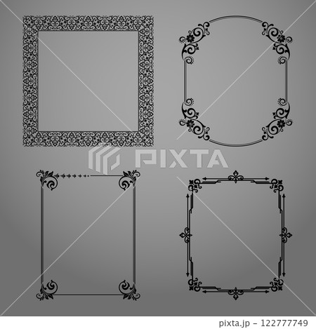Set of decorative frames Elegant vector element for design in Eastern style, place for text. Floral black and gray borders. Lace illustration for invitations and greeting cards Set of decorative frames Elegant vector element for design in Eastern style, place for text. Floral black and gray borders. Lace illustration for invitations and greeting cards 122777749