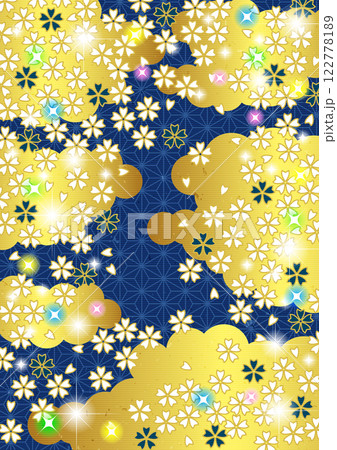 麻の葉地に雲と小紋桜の和背景タテ、イラスト、かわいい、和風、縦、青 122778189