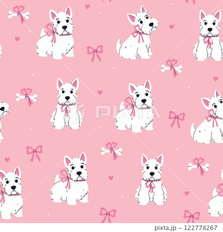 Seamless pattern with cute white Scottish terriers with pink bows. Vector graphics. 122778267