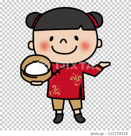 A girl wearing Chinese clothing and holding a bamboo steamer to guide visitors 122778528