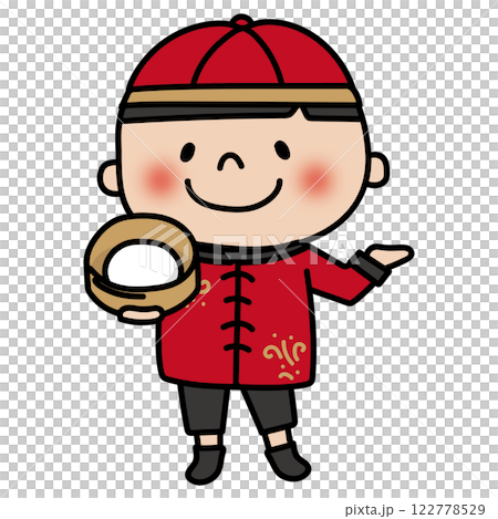 A boy wearing Chinese clothing and holding a bamboo steamer to guide visitors A boy wearing Chinese clothing and holding a bamboo steamer to guide visitors 122778529