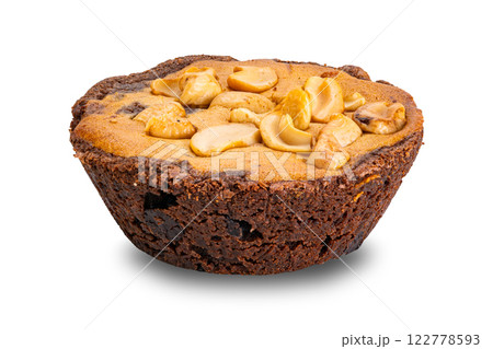 Side view of homemade delicious nut chocolate cake isolated on white background. 122778593