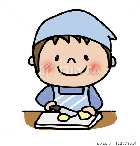 エプロンと三角巾をしてじゃがいもを切る子供（男の子1） 122778614