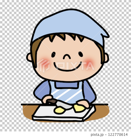エプロンと三角巾をしてじゃがいもを切る子供（男の子1） 122778614