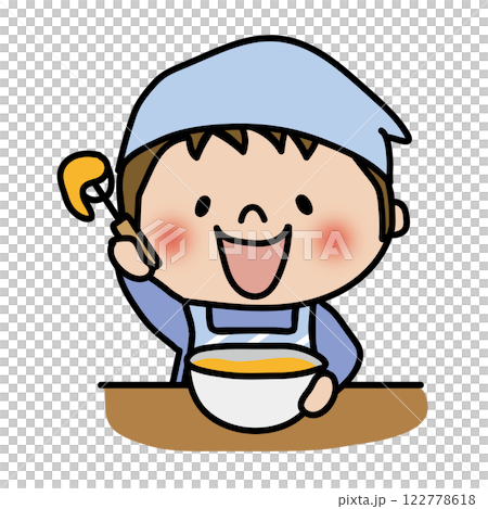 A child (boy 1) wearing an apron and a bandana mixing eggs in a bowl 122778618