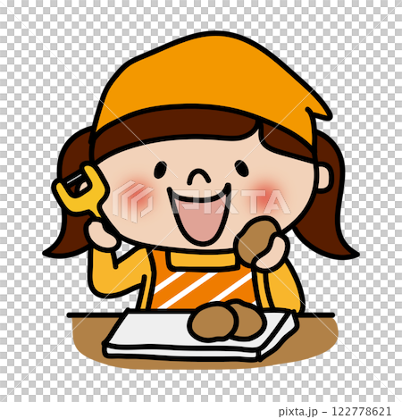 A child (girl 2) wearing an apron and a bandana peeling potatoes 122778621
