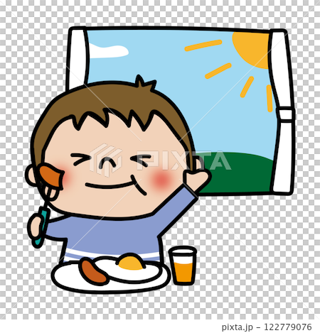 A child (boy 1) eating a Western-style breakfast in front of a window 122779076