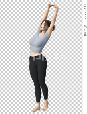 Illustration of a 3D woman standing and stretching in a stretching pose 122779331