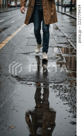 雨上がりの水たまりの道を歩く男性 122779434
