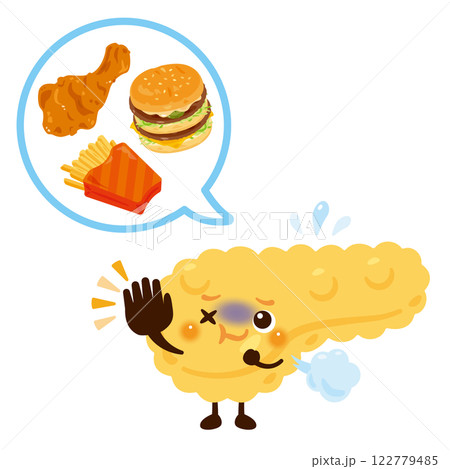 脂肪の多い食事に苦しむ膵臓のキャラクター 122779485