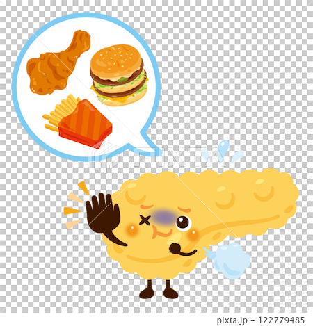 脂肪の多い食事に苦しむ膵臓のキャラクター 122779485