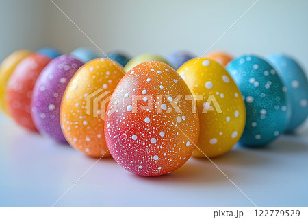 鮮やかなドット模様のイースターエッグが並ぶ華やかな静物写真 122779529