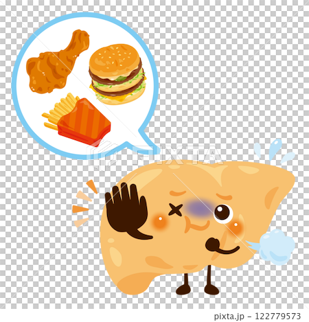 脂肪の多い食事に苦しむ肝臓のキャラクター 122779573