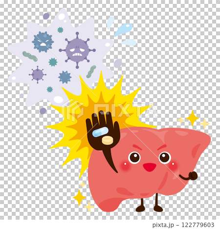 Character illustration of a liver that gets better after treating a virus with medicine 122779603
