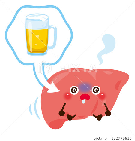 アルコールのダメージを受ける肝臓のキャラクター 122779610
