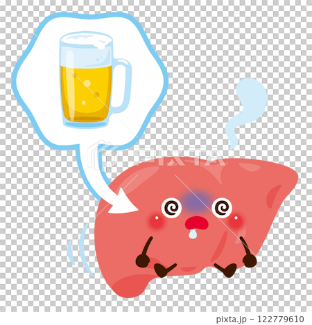 アルコールのダメージを受ける肝臓のキャラクター 122779610