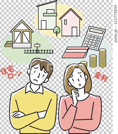 住宅購入について考え込む若い夫婦 122779895