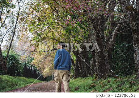 solo traveler in nature concept with asian man camping and sightseeing with pink cherry blossom tree in springtime season solo traveler in nature concept with asian man camping and sightseeing with pink cherry blossom tree in springtime season 122780355
