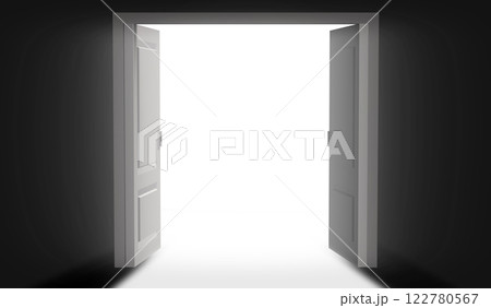 Open Doors towards Bright Light, Hope and Opportunity Concept - 3D Illustration 122780567