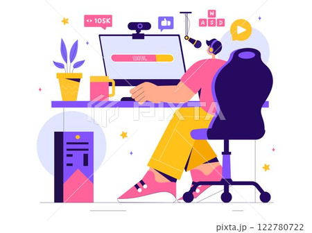Video Game Streaming Vector Illustration featuring a Professional Cute Gamer Playing Online Games and Live Streaming on a Platform in a Background 122780722