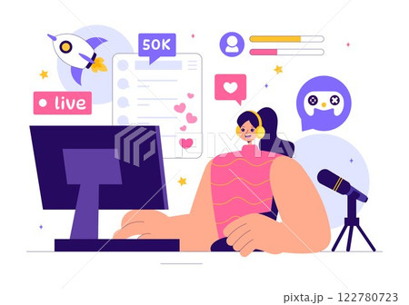 Video Game Streaming Vector Illustration featuring a Professional Cute Gamer Playing Online Games and Live Streaming on a Platform in a Background 122780723