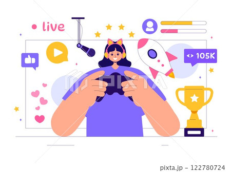 Video Game Streaming Vector Illustration featuring a Professional Cute Gamer Playing Online Games and Live Streaming on a Platform in a Background Video Game Streaming Vector Illustration featuring a Professional Cute Gamer Playing Online Games and Live Streaming on a Platform in a Background 122780724