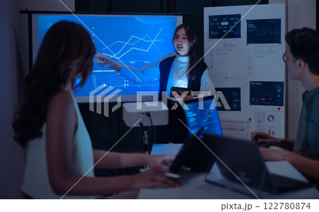 asian leader woman present business presentation in a dimly lit office, analyzing financial charts and data projections on a screen asian leader woman present business presentation in a dimly lit office, analyzing financial charts and data projections on a screen 122780874
